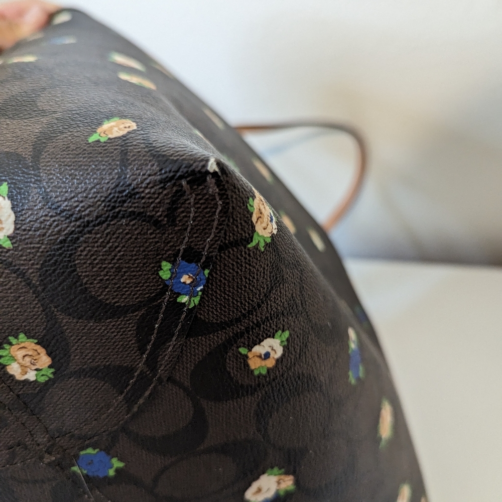 Coach Brown Floral Logo Tote with Blue and Cream Accents - Picture 3 of 16